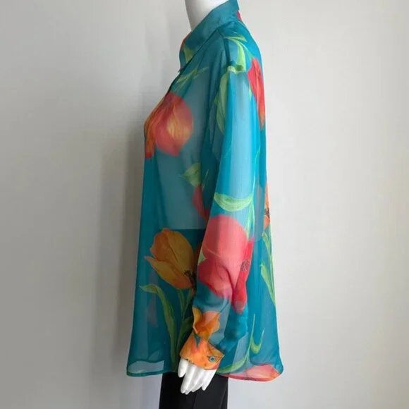 Liz Claiborne LizSport Sheer Floral Button-Down Blouse – Size M - Picture 4 of 6